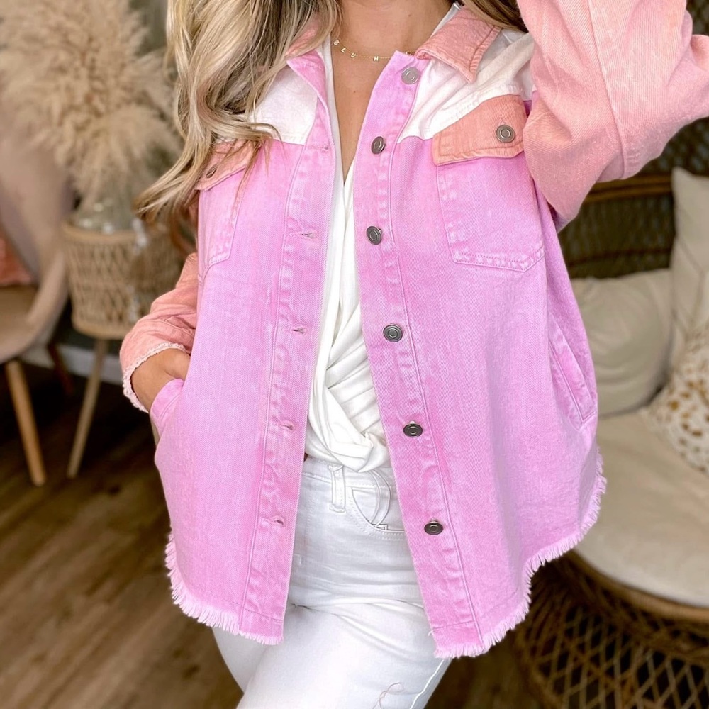 Pink and White Colorblock Denim Jacket - Picture 2 of 4